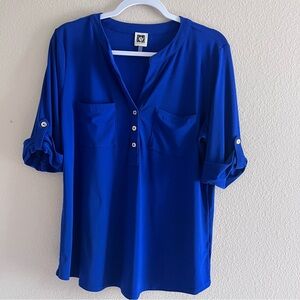 Anne Klein Royal Blue 3/4 Sleeve Blouse with Button Detail Large